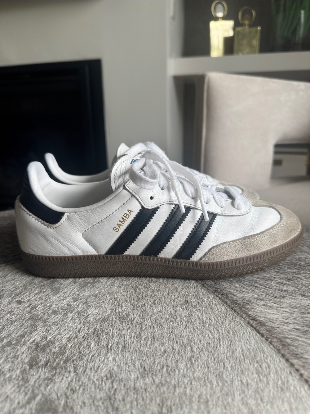adidas Womanโs Classic Samba White and Black Sneakers with Gum Sole